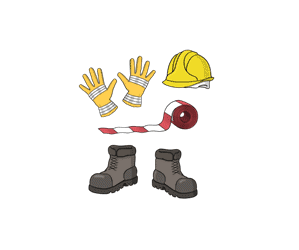 Illustration: Arbeitshandschuhe, Schutzhelm, Absperrband, Arbeitsschuhe