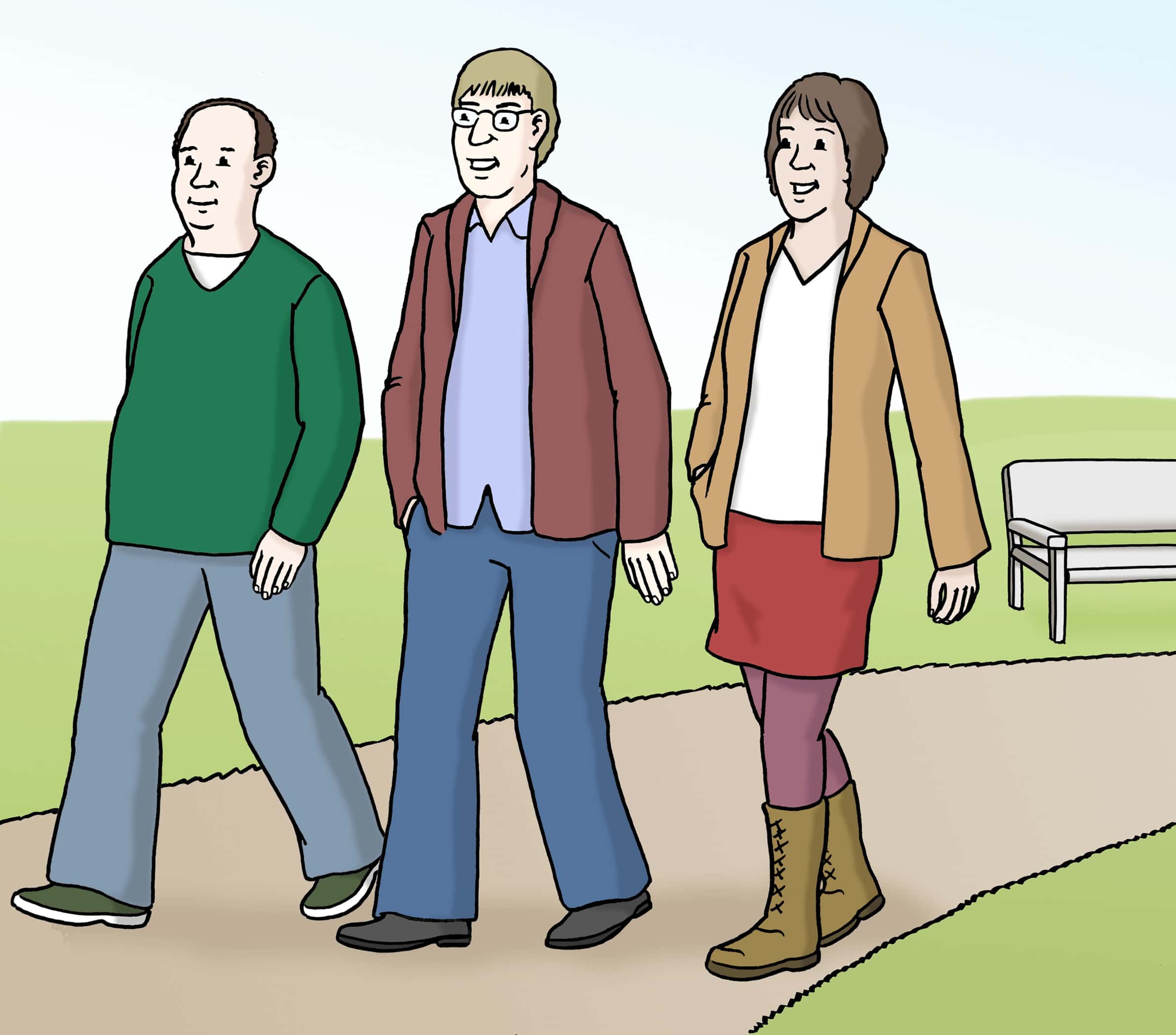 Illustration: Eine Frau und zwei Männer gehen zusammen in einem Park spazieren.
