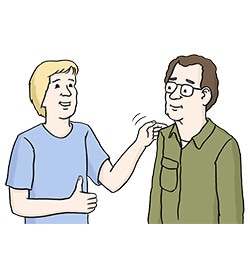 Die Abbildung zeigt zwei Mitarbeitende. Die eine Person lobt die andere Person für ihre Arbeit und zeigt einen Daumen nach oben.