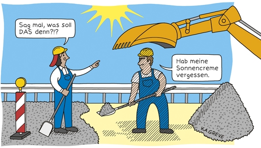 Ein Cartoon zeigt zwei Personen auf einer Baustelle an einer Straße. Die Frau trägt einen gelben Arbeitshelm mit Nackenschutz, ein langärmliges Oberteil und einen blauen Overall. In der einen Hand hält sie eine Schaufel und zeigt mit dem Zeigefinger der anderen Hand in Richtung ihres Kollegen. Der Kollege trägt einen gelben Arbeitshelm ohne Nackenschutz sowie ein kurzärmliges T-Shirt. Während er schippt steht er unter der Schaufel eines großen gelben Baggers.