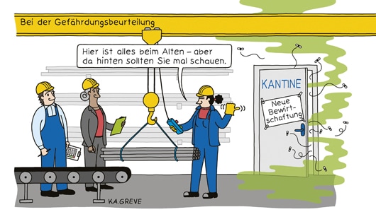 Ein Cartoon zeigt drei Personen in einer Produktionshalle. Ein Mann im Blaumann und eine Frau in grauem Hosenanzug, beide mit Klemmbrettern und gelben Schutzhelmen ausgestattet, schauen zu einer Frau in Blaumann und blauer Arbeitsjacke. Sie bedient mit einem Handschalter einen Kran, der von einem Fließband Rohre abtransportiert. Die Frau trägt einen gelben Schutzhelm und gelbe Schutzhandschuhe. Mit der freien Hand zeigt sie hinter ihr auf die Tür der Kantine. Sie ist leicht geöffnet. Aus dem Spalt entweichen grüne Schwaden und Fliegen.