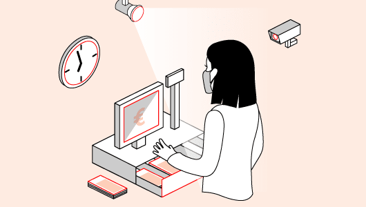 Illustration zeigt Verkäuferin an einer geöffneten Kasse mit Mund-Nasen-Schutz Kamera Deckenstrahler Uhr Geldscheine Verkäuferin