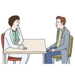 Illustration: Ein Arzt in Kittel sitzt seinem Patienten an einem Tisch gegenüber und erklärt diesem etwas.