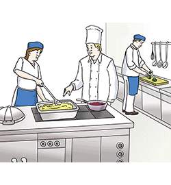Illustration: Eine Großküche in dem Koch und seine Mitarbeitenden Essen zu bereiten.