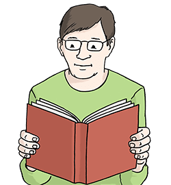 Ein Mann, der eine Brille trägt, liest ein Buch mit rotem Umschlag. Er hält das Buch in der Hand.