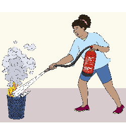 Illustration: Eine Frau in helldunkler, kurzer Hose, einem hellblauen T-Shirt und braunen Haaren löscht einen Brand in einem Mülleimer mit einem Feuerlöscher.