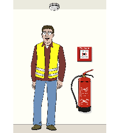 Illustration: Ein Brandschutzhelfer steht neben einem Feuerlöscher und einem Alarmknopf. Er trägt eine blaue Hose, ein dunkelrotes Sweatshirt, Brille und eine neongelbe Weste.