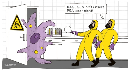 Der Cartoon zeigt zwei Personen in gelber Ganzkörperschutzkleidung mit Atemmaske und lila Handschuhen. Sie stehen in einem Labor, in dem sich Schränke befinden, auf denen Reagenzgläser mit verschiedenen Flüssigkeiten stehen. Beide Personen schauen erschrocken zur Tür und lehnen sich leicht nach hinten. Die Tür mit einem gelben Sicherheitszeichen für Biogefährdung steht offen. Durch sie tritt eine menschhohe, lilagefärbte Biomasse, die wie eine sehr große Zelle aussieht.
