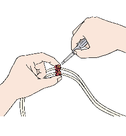 Illustration: Zwei Hände, die Kabel in der Hand halten. Die rechte hält einen Schraubenzieher, die linke einen roten Clip