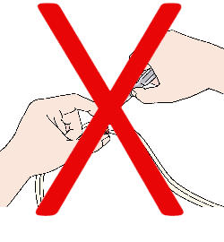Illustration: Zwei Hände, die Kabel in der Hand halten. Die rechte hält einen Schraubenzieher, die linke einen roten Clip. Das Bild ist mit einem roten Kreuz durchgestrichen.