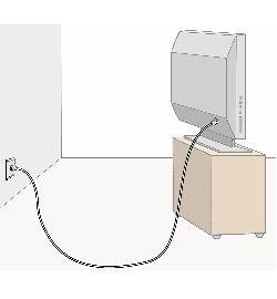 Illustration: Ein Kabel verläuft von der Wand zu einem Fernseher. Dieser steht auf einem Holzpodest.