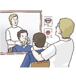 Illustration: Ein Mann mit weißen T-Shirt steht hinter einem Mann mit blauem Oberteil. Beide schauen in einen Spiegel vor sich, daneben sieht man Abbildungen von Mündern. Sie befinden sich in einer Sprachtherapie.