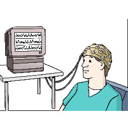 Illustration: Ein Mann mit grünem T-Shirt sitzt auf einem Stuhl, welcher an einem EEG-Gerät angeschlossen ist.