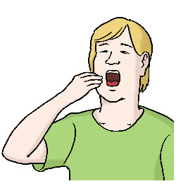 Illustration: Ein Mann in grünem T-Shirt gähnt. Er hat blondes Haar.