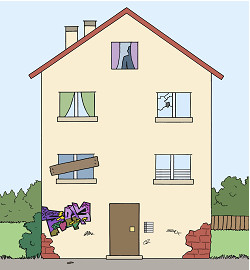 Illustration: Ein Mehrparteienhaus in einem verkommenen Zustand. Fenster sind kaputt und der Putz bröckelt ab.