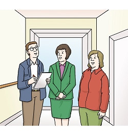 Illustration: Zwei Frauen und ein Mann stehen in einem Flur. Der Mann hält ein Stück Papier in der Hand.