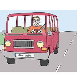 Illustration: Ein Mann fährt einen roten Bulli auf einer Straße.