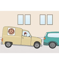 Illustration: Ein Mann hinter dem Steuer eines Kastenwagens eines Pizzalieferdienstes ist beinahe auf das Heck des Pkws vor ihm aufgefahren.
