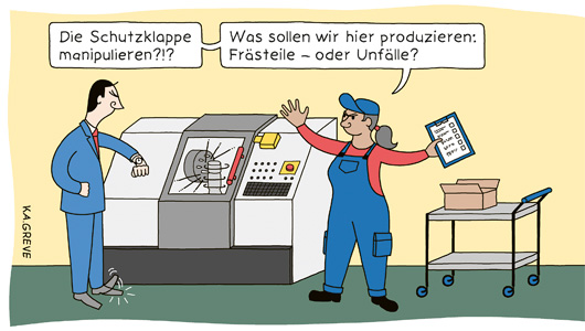 Cartoon, der einen Mann in blauen Anzug und eine Frau in Arbeitshose und Mütze zeigt. Der Mann stampft ungeduldig mit dem Fuß und blickt auf die Uhr. Die Frau gestikuliert mit den Armen zur Seite, ein Klemmbrett in der einen Hand. Beide stehen vor einer Maschine, in der etwas gefräst wird. Nebenn der Frau steht ein kleiner Rolltisch. Über der Frau eine Sprechblase mit dem Text: „Die Schutzklappe manipulieren? Was sollen wir hier produzieren: Frästeile oder Unfälle?“