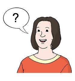 Illustration: Frau mit dunkelbraunem Haar trägt ein orangenes Shirt mit gelben Hals. Neben ihr ist eine Sprechblase mit schwarzem Fragezeichen.