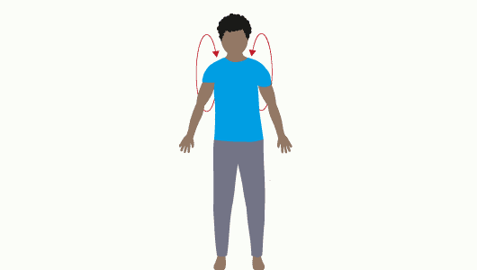 Grafik einer Person mit schwarzen, gelockten kurzen Haaren. Sie trägt ein blaues T-Shirt und eine graue Hose. Die Person steht frontal und lässt die Schulter kreisen.