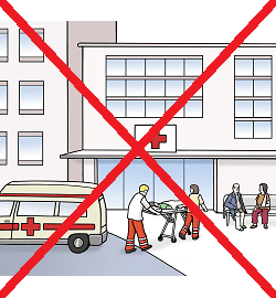 Illustration: Ein Krankenhaus in das gerade eine Person von Sanitätern eingeliefert wird. Das Bild ist von einem roten Kreuz durchgestrichen.