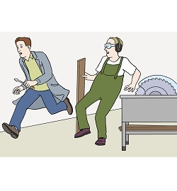 Zwei Männer in einer Werkstatt. Beide sehen sehr erschrocken aus. Einer rennt sehr schnell.