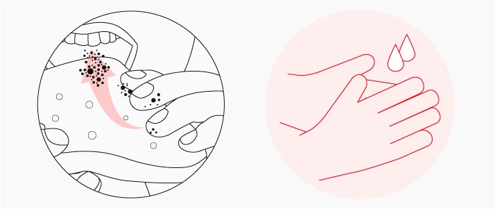 Grafik zweier Hände, die ein Brot zum Mund führen. Auf den Fingern und am Lebensmittel sind Bakterien, welche in den Mund gelangen. Icon Händewaschen