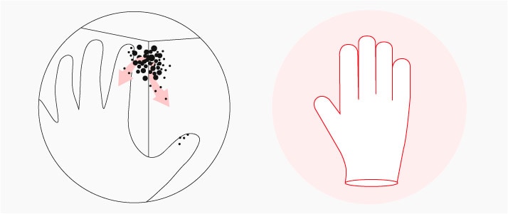 Grafik einer Hand, die einen Gegenstand berührt. Von der Oberfläche gelangen Bakterien auf die Hand. Icon Handschuh