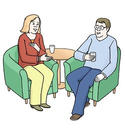 Zwei Personen sitzen einander zugewandt in zwei grünen, gemütlichen Sesseln. Sie unterhalten sich und trinken dabei ein Glas Wasser.