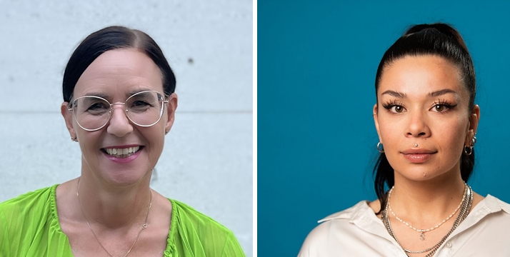 Porträts von Corina Christen, Co-Geschäftsführerin der Charta der Vielfalt, und Selma Güngör, Projektmanagerin. Christen lacht, trägt Brille und ein hellgrünes Top, die dunklen Haare sind hinterm Kopf zusammengebunden. Güngör lächelt, trägt eine weiße Bluse, Ketten, Ohrringe und ein Lippenpiercing und trägt die dunklen Haare zum Pferdeschwanz.