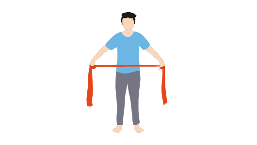 Eine Person hält das Theraband auf Hüfthöhe und zieht es mit den Händen auseinander.
