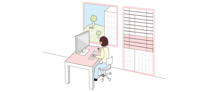 Zeichnung eines Bildschirmarbeitsplatzes mit Computertastatur und -bildschirm. And er Seite befinden sich drei Fenster: ein hochgelegenes, schmales Fenster, ein quadratisches Fenster auf Sichthöhe und ein bodentiefes Fenster mit Sonnenschutz.