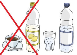 Kaffee und Limonade sind mit einem roten Pfeil durchgestrichen. Daneben ist eine Wasserflasche und ein Glas.