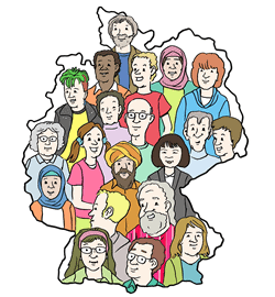 Viele verschiedenen Menschen im Umriss von Deutschlands Ländergrenze.