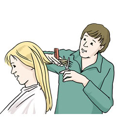 Eine Person schneidet einer anderen Person die Haare. Leichte Sprache