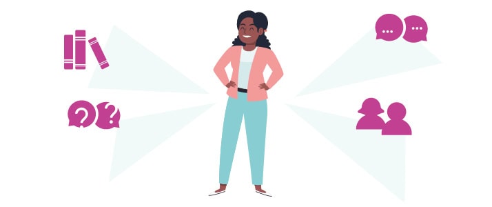 Illustration einer Frau, die ihre Hände in die Hüfte stemmt und zufrieden lächelt. Um sie herum: Eine Illustration von Büchern, eine Illustration von Sprechblasen mit Fragenzeichen, eine Illustration von Sprechblasen mit drei Auslassungspunkten, eine Illustration von zwei Personen.