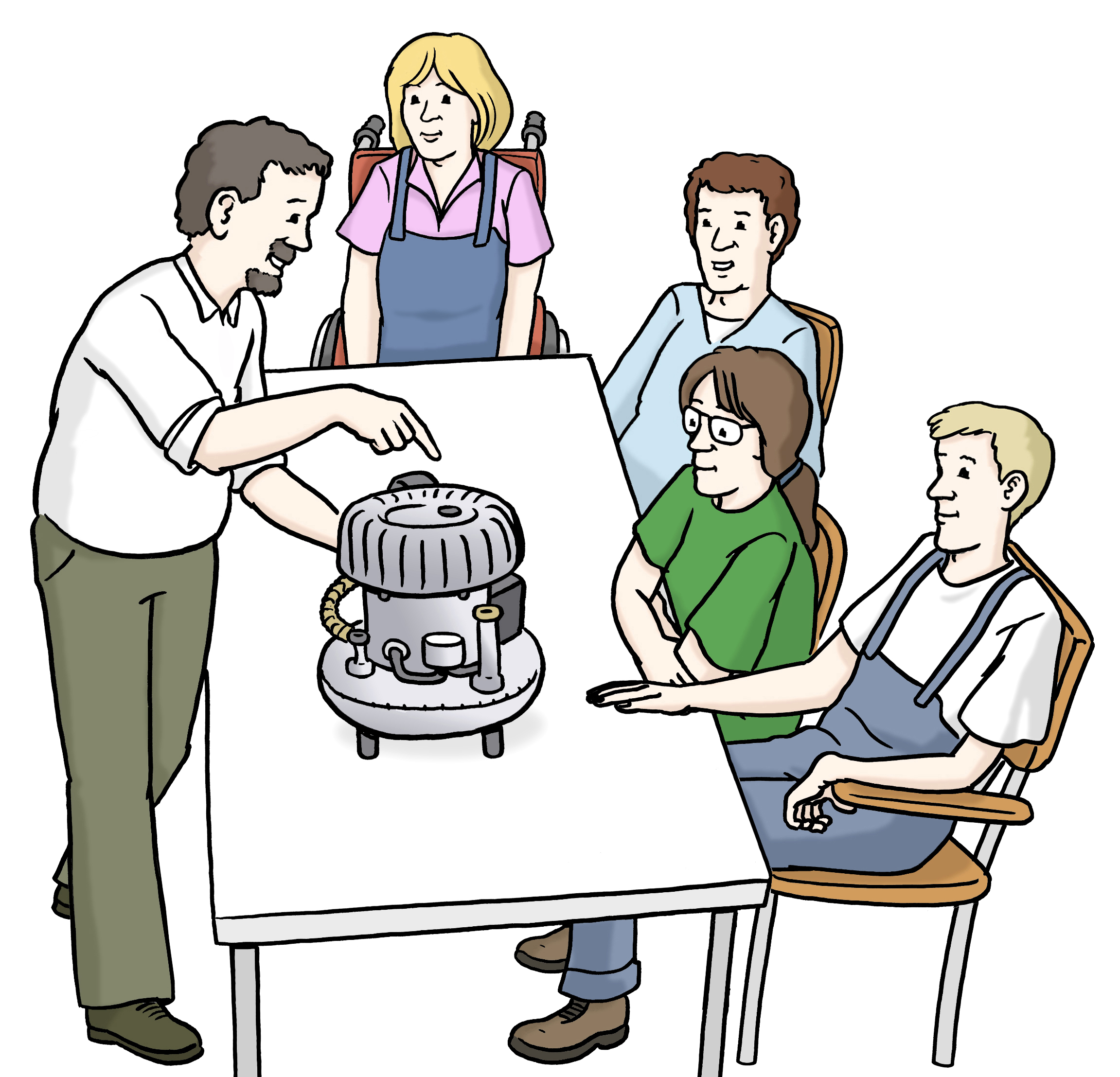 Illustration: eine Gruppe Personen sitzt an einem Tisch. Vor dem Tisch steht eine weitere Person vor einem Gerät, das auf dem Tisch liegt und erzählt etwas.