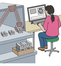 Eine Frau sitzt am PC und steuert einen Roboter