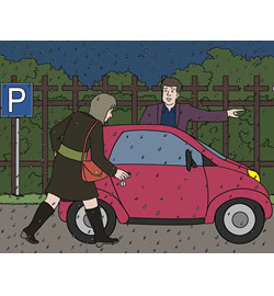 Zwei Personen gehen durch den Regen zu einem Auto