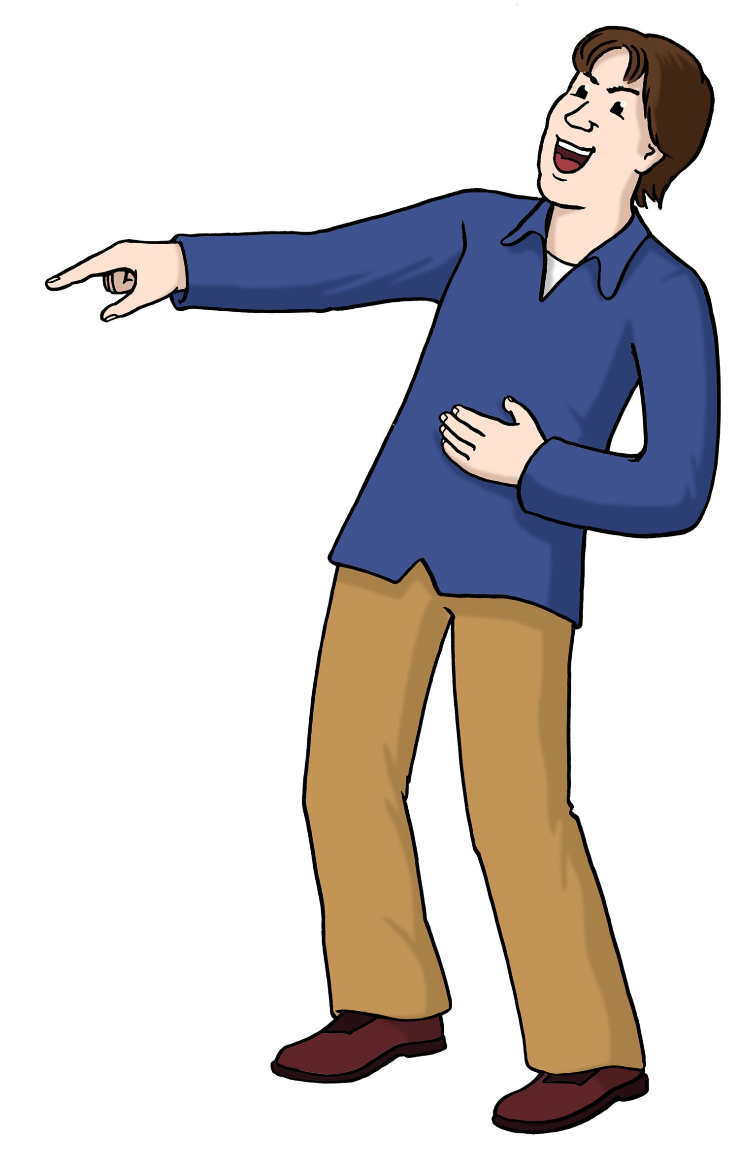 Eine Person steckt ihren Finger aus, während sie lacht.