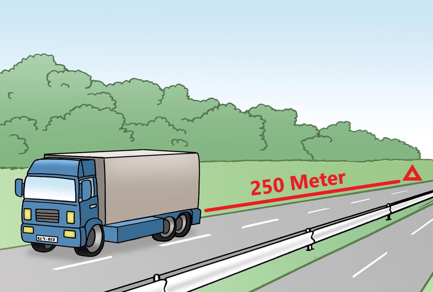 Ein LKW auf einer Autobahn. Hinter ihm der markierte Bereich für das Warndreieck.