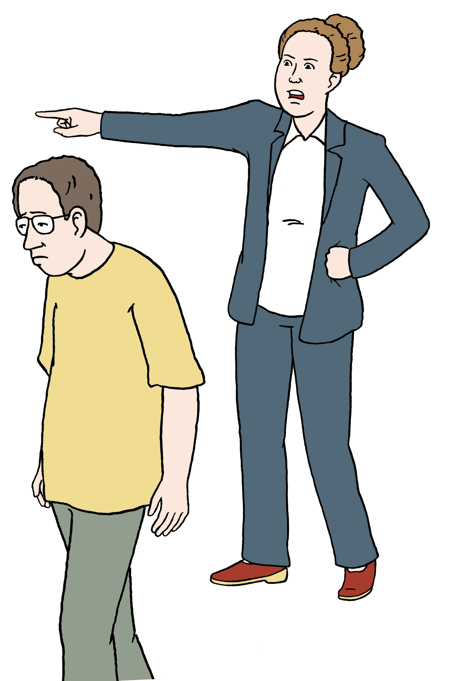 Eine Person hält den Finger ausgestreckt, eine andere Person läuft vor ihr mit gebeugten Rücken weg.