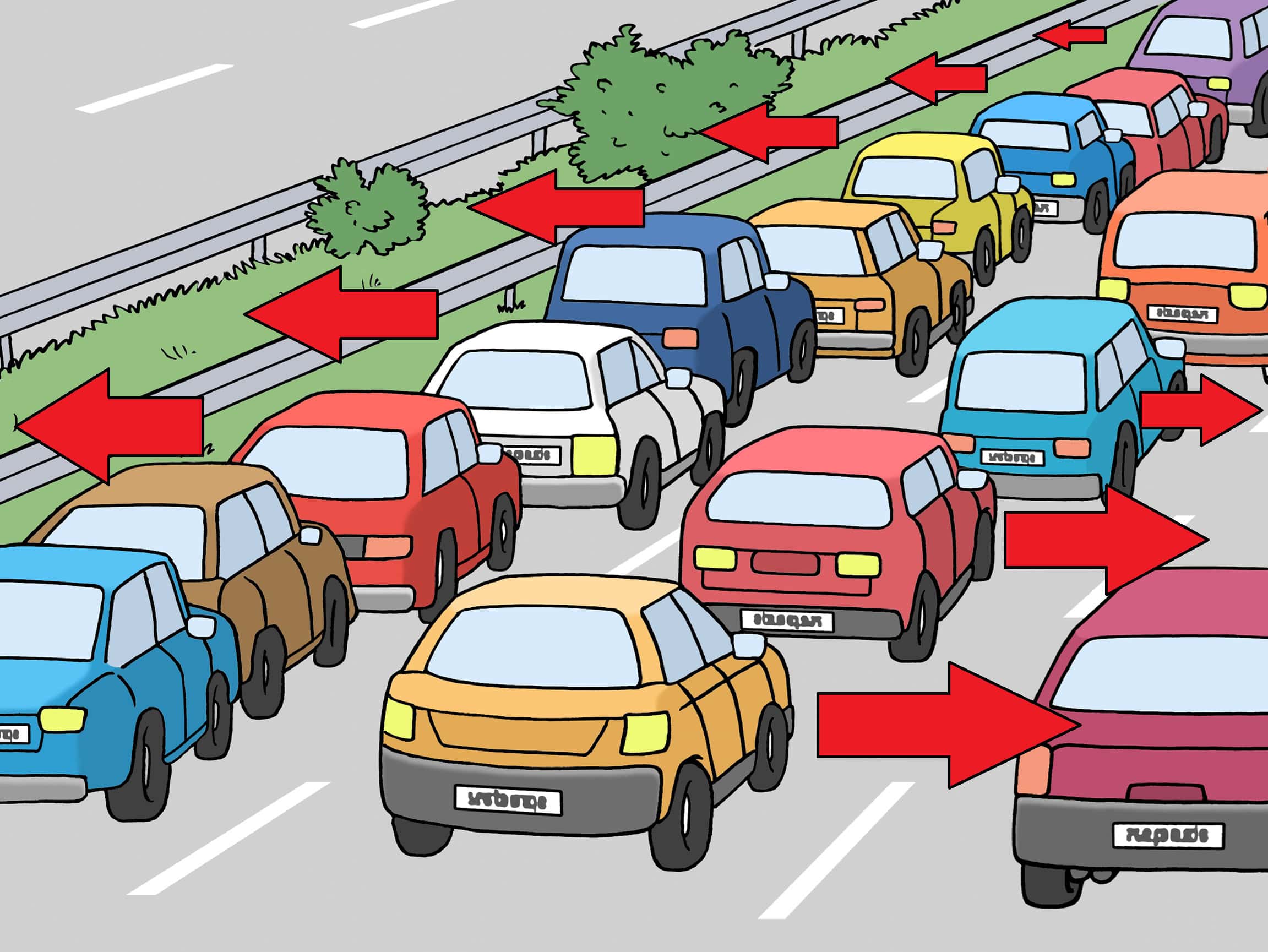 Autos die im Stau stehen, rote Pfeile zeigen an wie eine Rettungsgasse gebildet wird.
