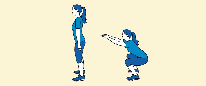 Ilustration einer Frau, die zwei Übungen für starke Muskeln für sicheres Heben und Tragen durchführt.
