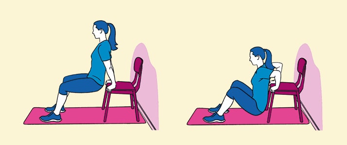 Illustration einer Frau, die mithilfe eines Stuhls zwei Übungen zur Muskelstärkung durchführt.