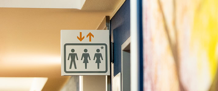 Ein Fahrstuhlschild mit drei Icons von Personen, die alle drei Geschlechter abbilden: Männlich, weiblich, divers.