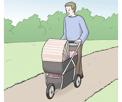 Ein Vater fährt sein Kind in einem Kinderwagen spazieren.