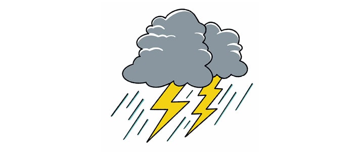 Illustration von zwei grauen Gewitterwolken, aus denen Blitze kommen.
