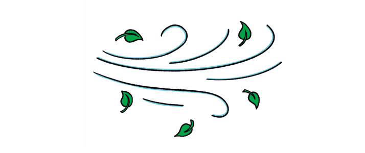Illustration von Windböen, die Blätter aufwirbeln.